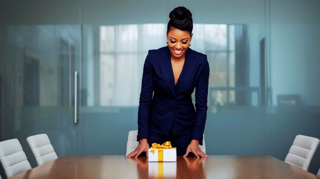 Woman receiving a gift box in an office, symbolizing delayed blessings and the rewards of waiting.