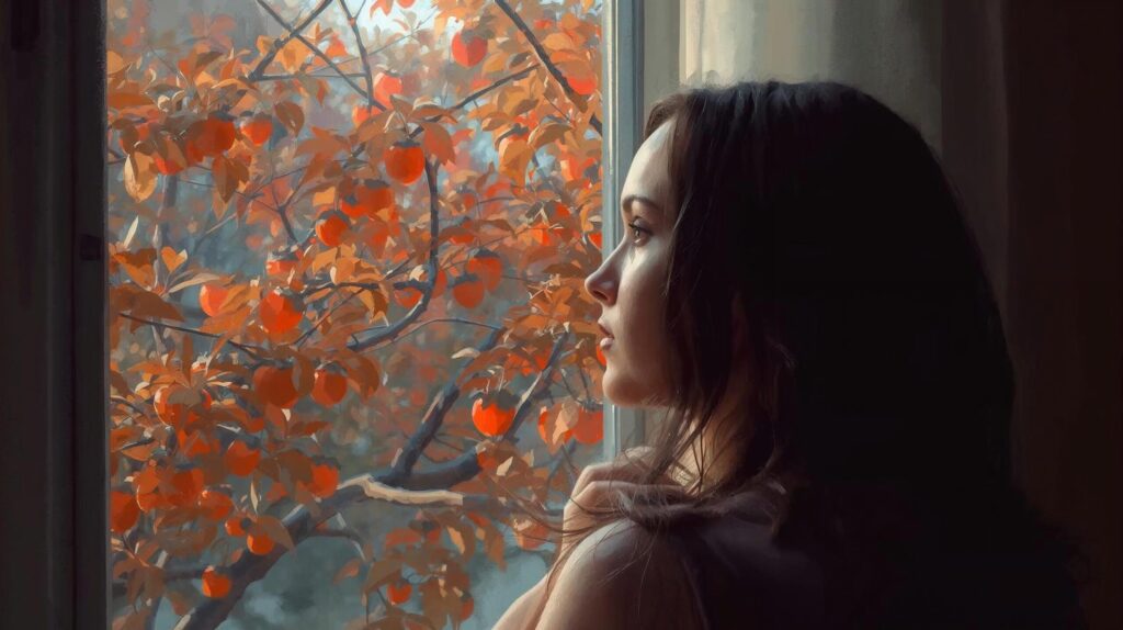 A golden persimmon glows against the fading autumn light, hanging from a branch