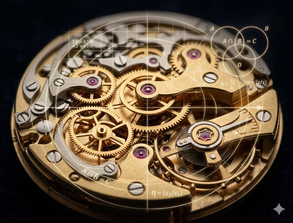 A macro photograph of the complex gold internal mechanism of a luxury watch, featuring numerous interlocking gears. A faint, glowing mathematical grid and an Euler set diagram are overlaid, symbolizing intentional engineering. The text labels "A," "B," and "$A \cap B = C$" are visible, and the overall impression is one of high-precision, logical, and elegant design.