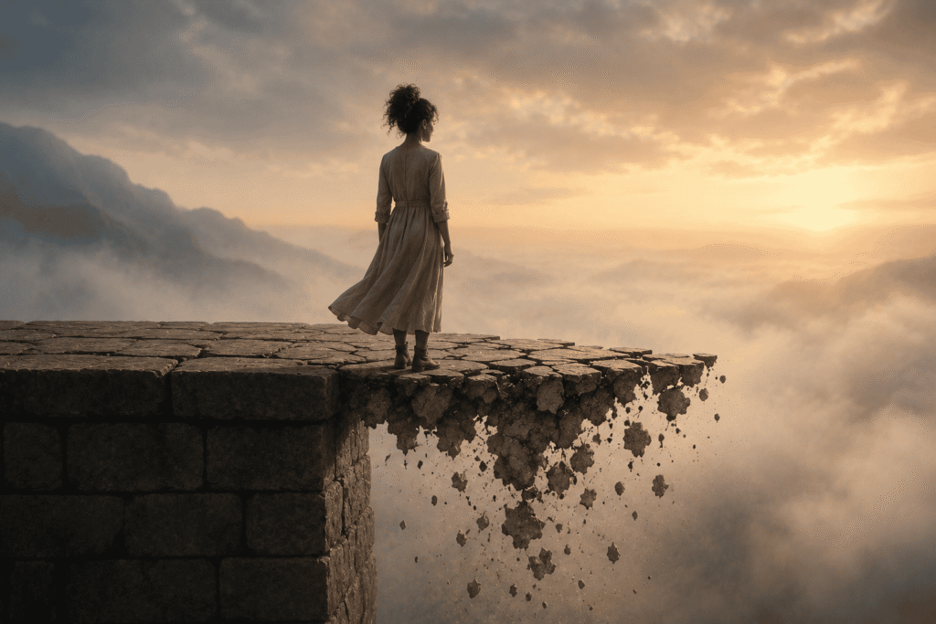 Sometimes the Strongest Foundations Exist Only in Our Minds A contemplative woman stands on a stone platform overlooking a mist-filled valley as part of the foundation beneath her crumbles into the clouds below, symbolizing the difference between appearance and reality.